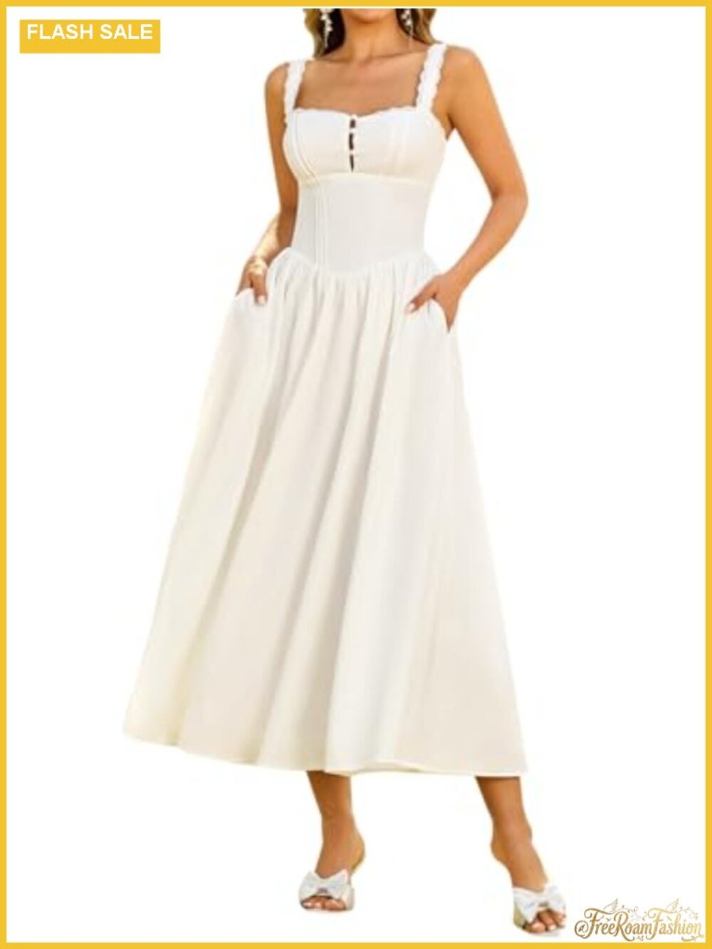 Women's Corset Midi Dress with Pockets Flowy Square Neck Sleeveless